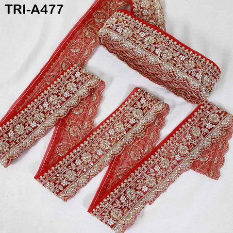 1 Meter Red Indian Beaded Trim Ribbon – Gold Zari Embroidery Sari Border (3 inches)