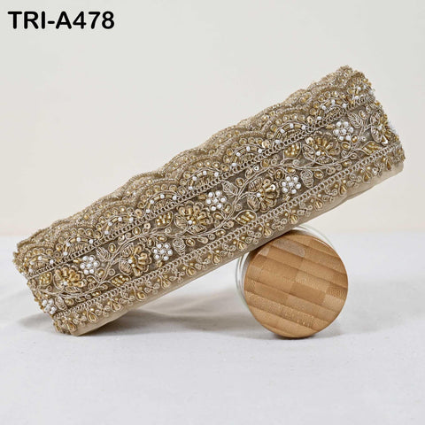 1 Meter Champagne Indian Beaded Trim Ribbon – Gold Zari Embroidery Sari Border (3 inches)