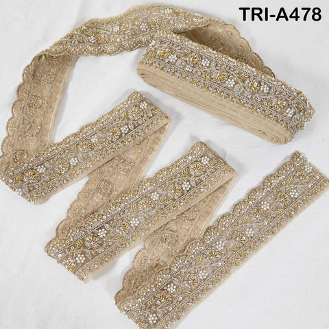 1 Meter Champagne Indian Beaded Trim Ribbon – Gold Zari Embroidery Sari Border (3 inches)