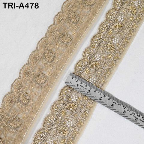 1 Meter Champagne Indian Beaded Trim Ribbon – Gold Zari Embroidery Sari Border (3 inches)