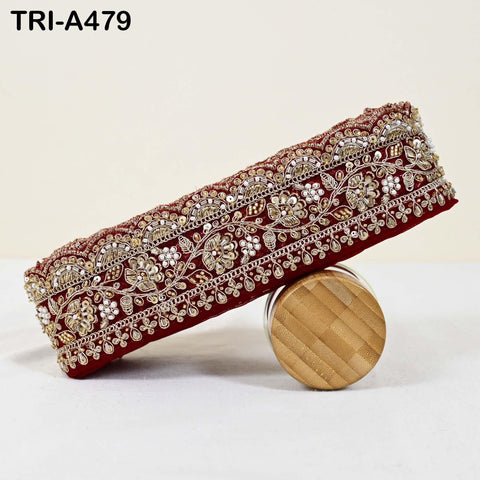 1 Meter Maroon Indian Beaded Trim Ribbon – Gold Zari Embroidery Sari Border (3 inches)
