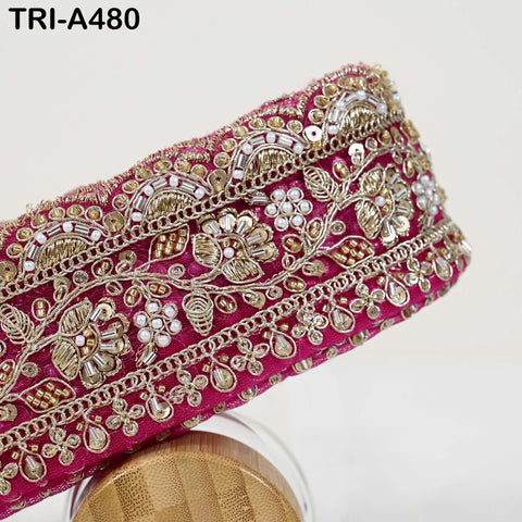 1 Meter Magenta Indian Beaded Trim Ribbon – Gold Zari Embroidery Sari Border (3 inches)