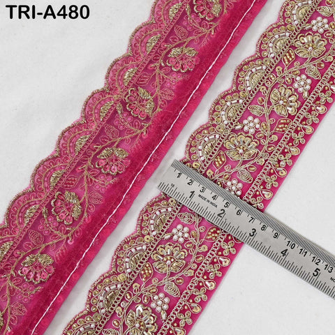 1 Meter Magenta Indian Beaded Trim Ribbon – Gold Zari Embroidery Sari Border (3 inches)