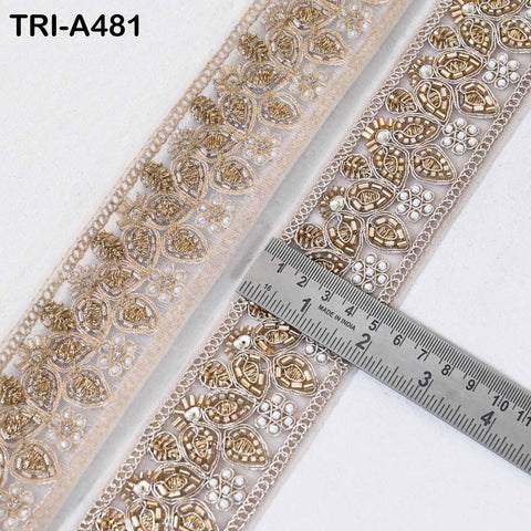 1 Meter Rose Gold Beaded Trim Ribbon: Indian Sari Border, Craft Embellishment (5cm Wide)
