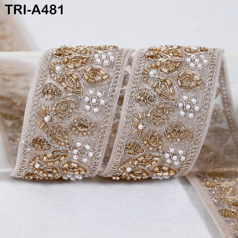 1 Meter Rose Gold Beaded Trim Ribbon: Indian Sari Border, Craft Embellishment (5cm Wide)