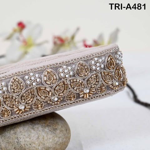 1 Meter Rose Gold Beaded Trim Ribbon: Indian Sari Border, Craft Embellishment (5cm Wide)