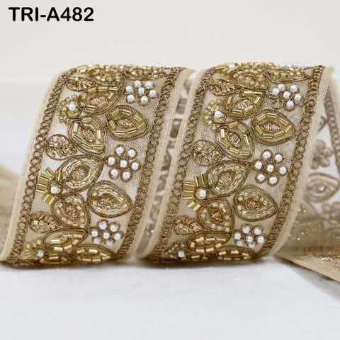 1 Meter Antique Gold Beaded Trim Ribbon: Indian Sari Border, Craft Embellishment (5cm Wide)