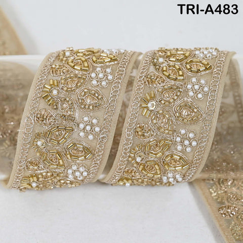 1 Meter Gold Beaded Trim Ribbon: Indian Sari Border, Craft Embellishment (5cm Wide)
