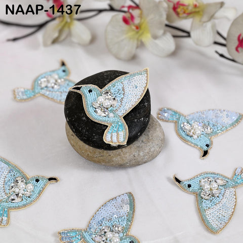 10 Pcs Hand Beaded Bird Appliques, Light Blue & Pearl Hummingbird Patches, Crystal Rhinestone Sew-On Motifs for Jackets, DIY Crafts