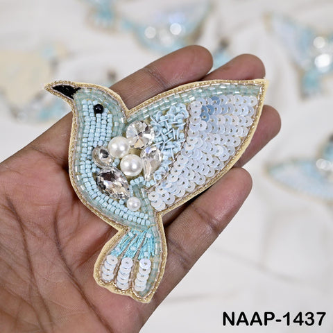 10 Pcs Hand Beaded Bird Appliques, Light Blue & Pearl Hummingbird Patches, Crystal Rhinestone Sew-On Motifs for Jackets, DIY Crafts