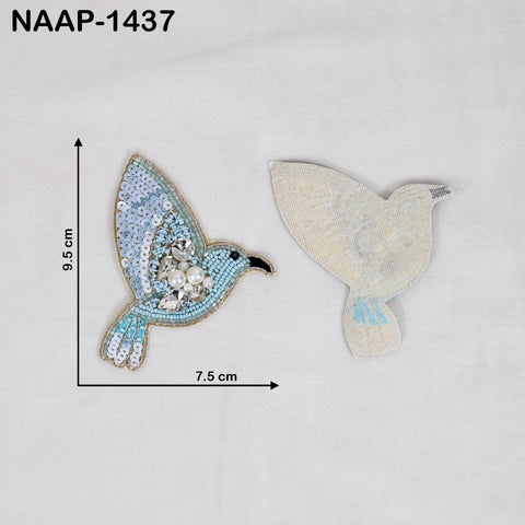 10 Pcs Hand Beaded Bird Appliques, Light Blue & Pearl Hummingbird Patches, Crystal Rhinestone Sew-On Motifs for Jackets, DIY Crafts