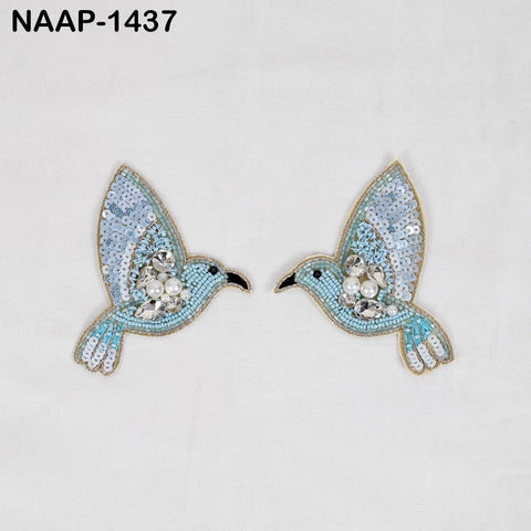 10 Pcs Hand Beaded Bird Appliques, Light Blue & Pearl Hummingbird Patches, Crystal Rhinestone Sew-On Motifs for Jackets, DIY Crafts