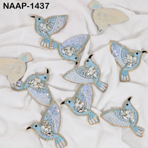 10 Pcs Hand Beaded Bird Appliques, Light Blue & Pearl Hummingbird Patches, Crystal Rhinestone Sew-On Motifs for Jackets, DIY Crafts