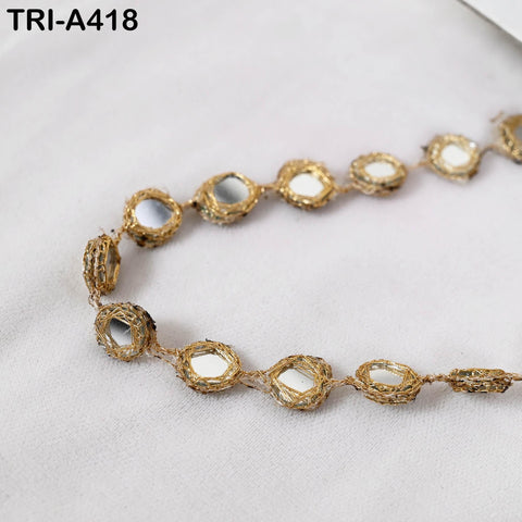 9 yard Gold Mirror Work Lace Trim, Round Sheesha Mirror Border, Indian Mirror Trim for Saree, Dupatta, Lehenga, Sewing & DIY Crafts