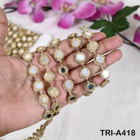 9 yard Gold Mirror Work Lace Trim, Round Sheesha Mirror Border, Indian Mirror Trim for Saree, Dupatta, Lehenga, Sewing & DIY Crafts