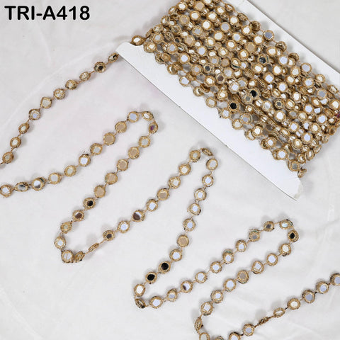 9 yard Gold Mirror Work Lace Trim, Round Sheesha Mirror Border, Indian Mirror Trim for Saree, Dupatta, Lehenga, Sewing & DIY Crafts
