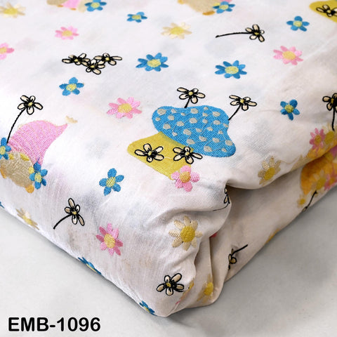 White viscose fabric with mashroom embroidery, floral pattern, 44" wide (1 yard)