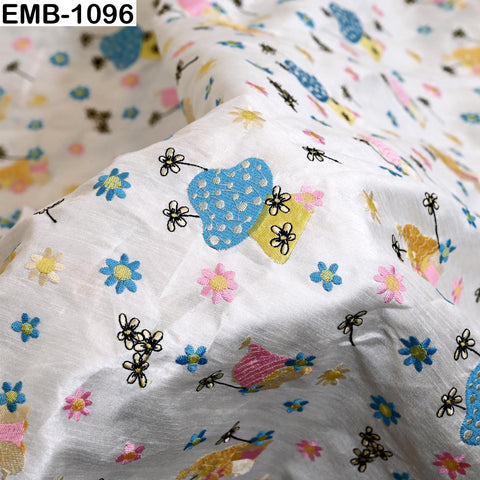 White viscose fabric with mashroom embroidery, floral pattern, 44" wide (1 yard)