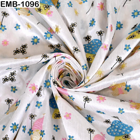 White viscose fabric with mashroom embroidery, floral pattern, 44" wide (1 yard)