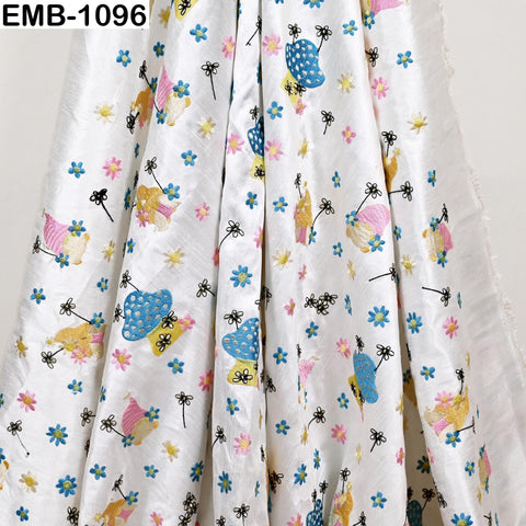 White viscose fabric with mashroom embroidery, floral pattern, 44" wide (1 yard)