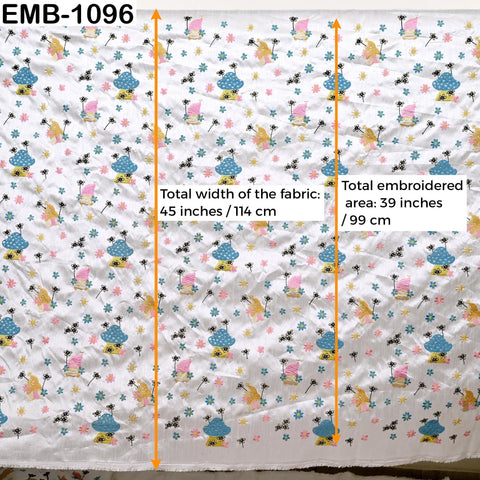 White viscose fabric with mashroom embroidery, floral pattern, 44" wide (1 yard)