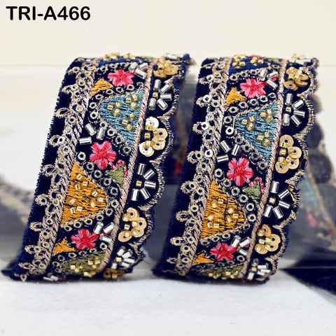 Navy Blue Indian Embroidery Velvet Ribbon Trim: Beaded Sari Border 1 Meter (1.8 inch)