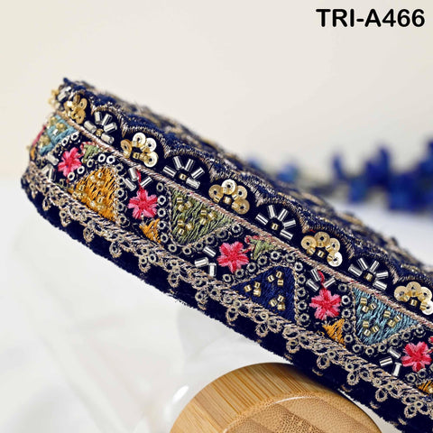 Navy Blue Indian Embroidery Velvet Ribbon Trim: Beaded Sari Border 1 Meter (1.8 inch)