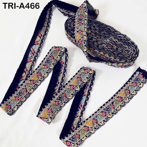 Navy Blue Indian Embroidery Velvet Ribbon Trim: Beaded Sari Border 1 Meter (1.8 inch)