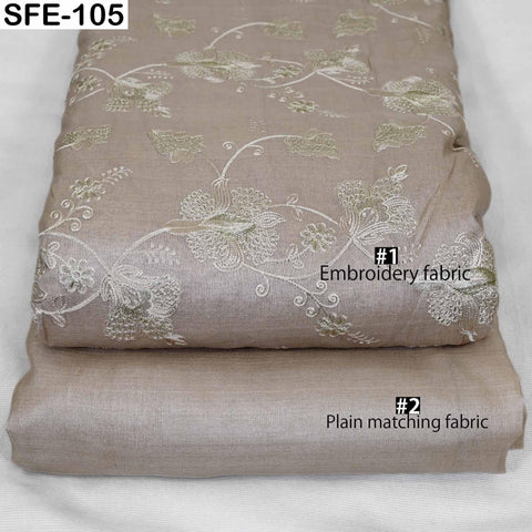 Pure Tussar Silk Embroidered Fabric: Ivory Gold Floral Design, Handwoven Dress Material