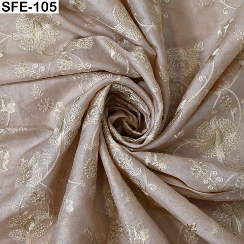 Pure Tussar Silk Embroidered Fabric: Ivory Gold Floral Design, Handwoven Dress Material