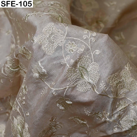 Pure Tussar Silk Embroidered Fabric: Ivory Gold Floral Design, Handwoven Dress Material