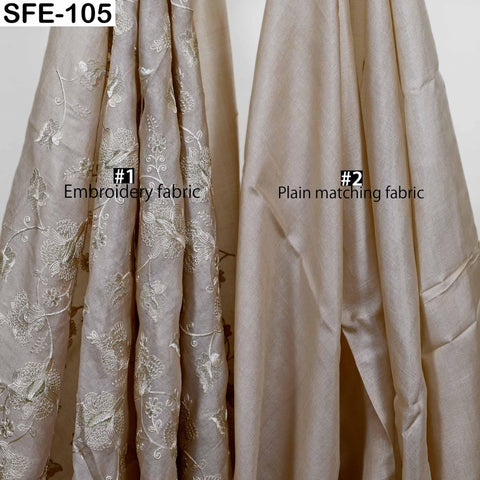 Pure Tussar Silk Embroidered Fabric: Ivory Gold Floral Design, Handwoven Dress Material