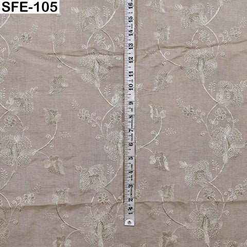 Pure Tussar Silk Embroidered Fabric: Ivory Gold Floral Design, Handwoven Dress Material