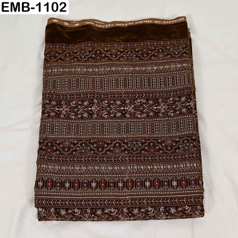 Brown Embroidered Velvet Fabric by the Yard | Indian Floral Bridal Couture (1 Yard)