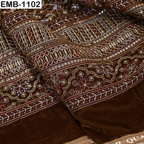 Brown Embroidered Velvet Fabric by the Yard | Indian Floral Bridal Couture (1 Yard)