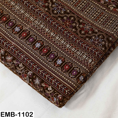 Brown Embroidered Velvet Fabric by the Yard | Indian Floral Bridal Couture (1 Yard)