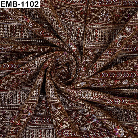 Brown Embroidered Velvet Fabric by the Yard | Indian Floral Bridal Couture (1 Yard)