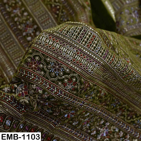 Olive Green Embroidered Velvet Fabric by the Yard | Indian Floral Bridal Couture (1 Yard)