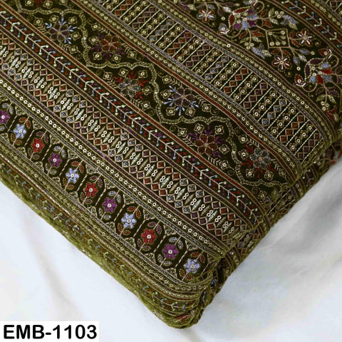 Olive Green Embroidered Velvet Fabric by the Yard | Indian Floral Bridal Couture (1 Yard)