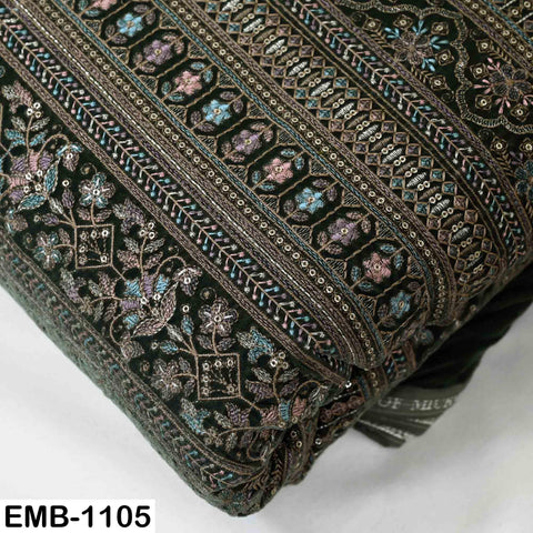 Pale Green Embroidered Velvet Fabric by the Yard | Indian Floral Bridal Couture (1 Yard)