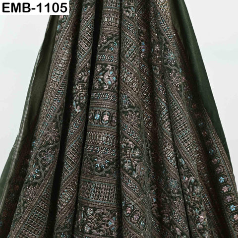 Pale Green Embroidered Velvet Fabric by the Yard | Indian Floral Bridal Couture (1 Yard)