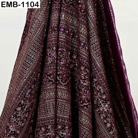 Maroon Embroidered Velvet Fabric by the Yard | Indian Floral Bridal Couture (1 Yard)