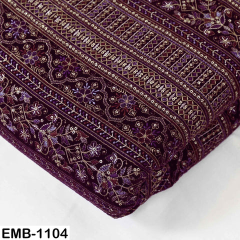 Maroon Embroidered Velvet Fabric by the Yard | Indian Floral Bridal Couture (1 Yard)