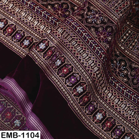 Maroon Embroidered Velvet Fabric by the Yard | Indian Floral Bridal Couture (1 Yard)