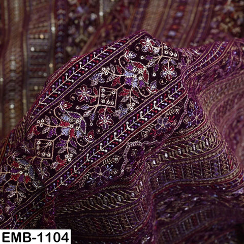 Maroon Embroidered Velvet Fabric by the Yard | Indian Floral Bridal Couture (1 Yard)