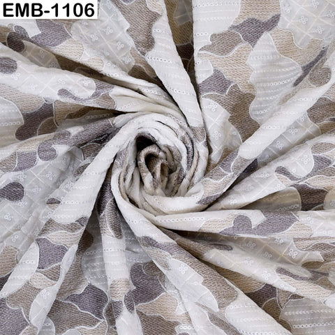 Ivory Embroidered Velvet Fabric by the Yard, Indian Craft Sewing Material (1 Yard)