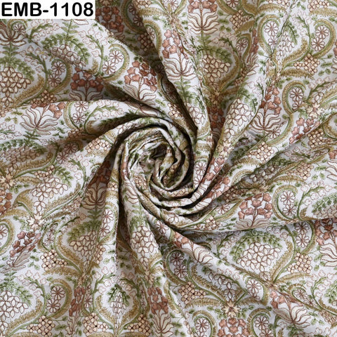 Indian Embroidered Fabric by Yard: Peach, Ivory, Pista Green Viscose