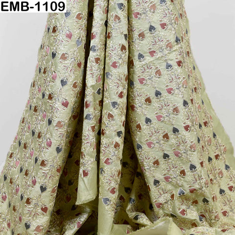 Lime Green Embroidered Viscose Dupioni Fabric by the Yard (44" Width)