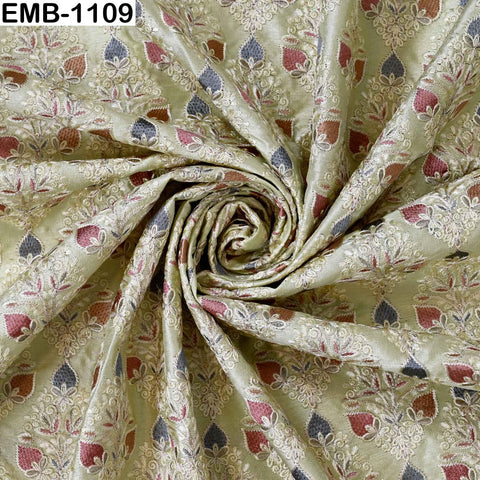 Lime Green Embroidered Viscose Dupioni Fabric by the Yard (44" Width)