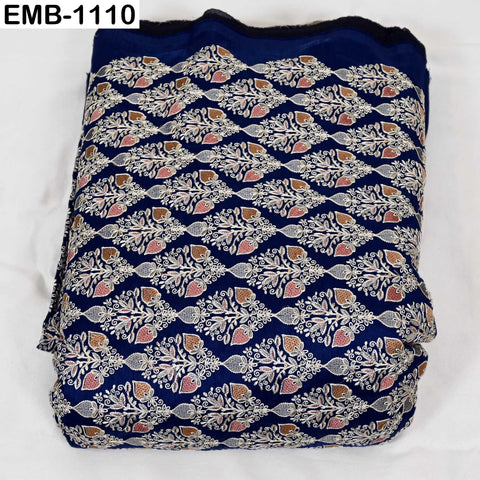 Navy Blue Indian Embroidered Viscose Dupioni Fabric by the Yard (44" Width)